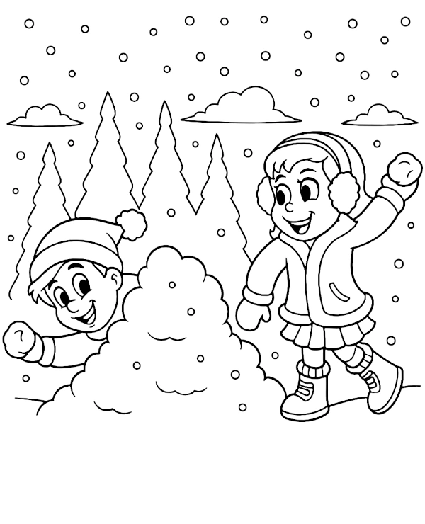 Winter coloring page snowball battle