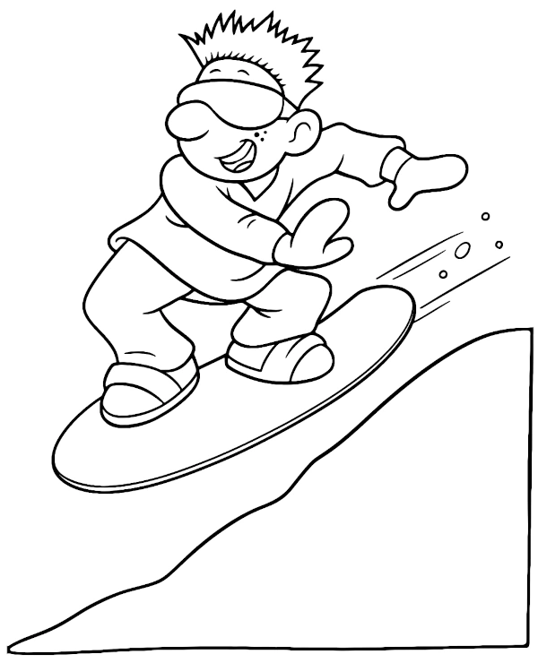 Boy riding a snowboard coloring page