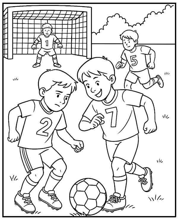 Boys playing soccer game - coloring page for children