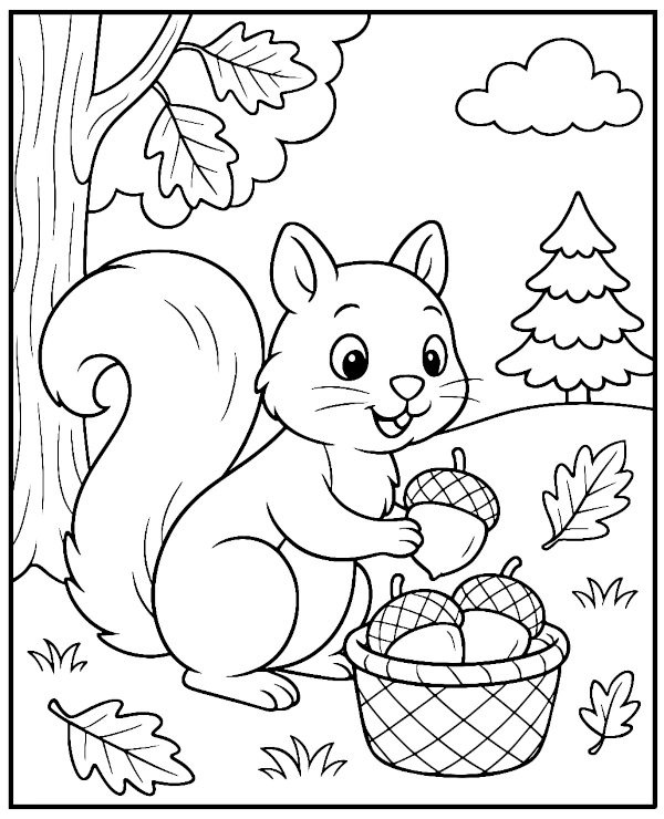 Squirell in forest coloring page for autumn