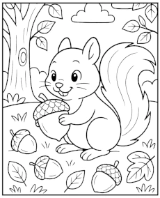 Squirell with an acorn - fall coloring page for kids