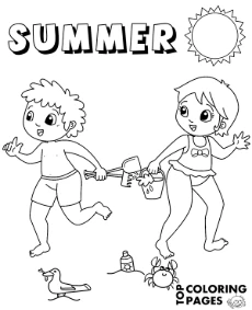 Summer coloring page kids on the beach