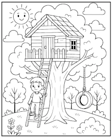 Summer treehouse coloring page for children