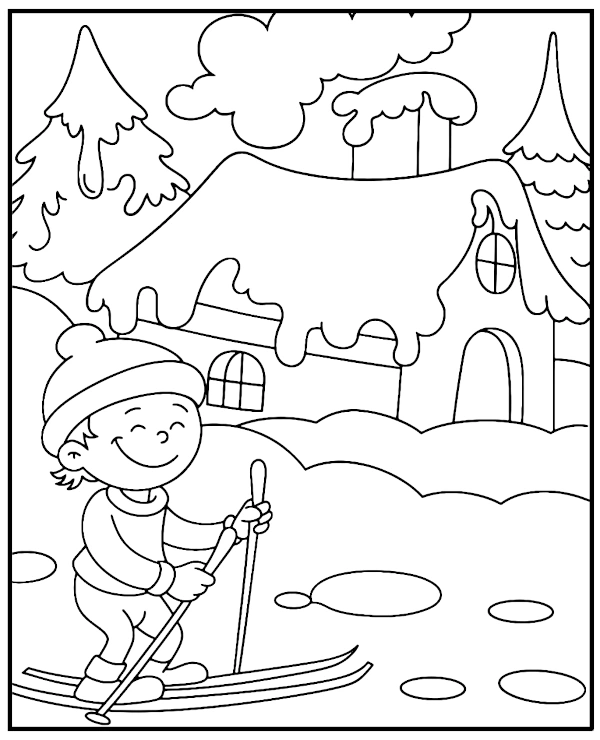 Winter landscape coloring page with a skier