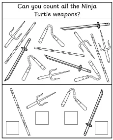 Count the weapons - printable Ninja Turtles puzzles for kids