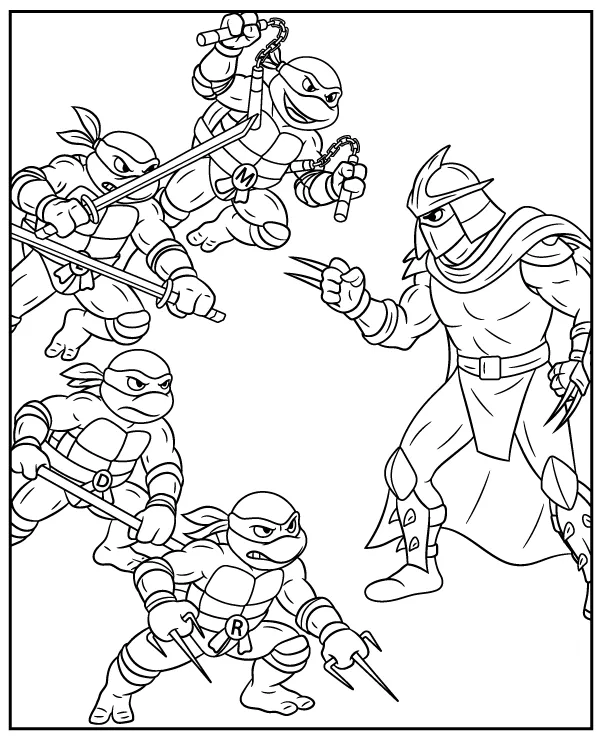 Ninja Turtles fighting Shredder coloring page