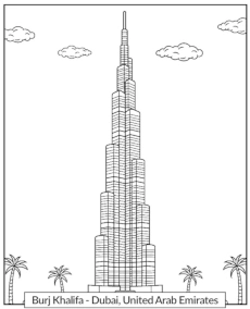 Burj Khalifa skyscraper in Dubai coloring page famous places