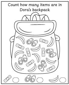 Count all the items in Dora's backpack - puzzle coloring page for children