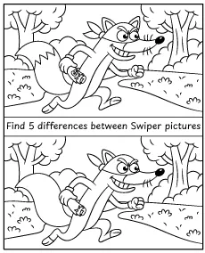 Spot 5 differences between Fox Swiper pictures - printable coloring page puzzle
