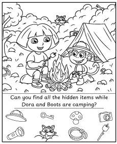 Find all the hidden objects in the Dora & Boots coloring page
