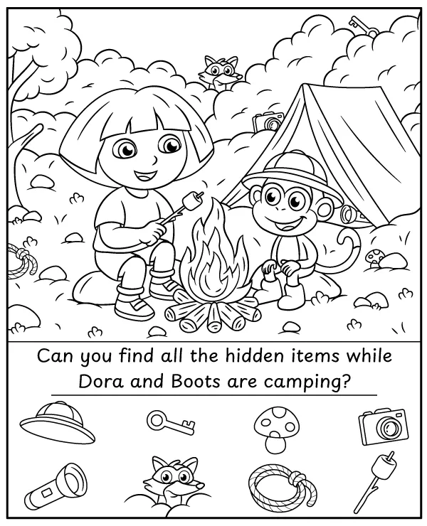 Dora the Explorer printable puzzle for children - find all the hidden objects in the coloring page