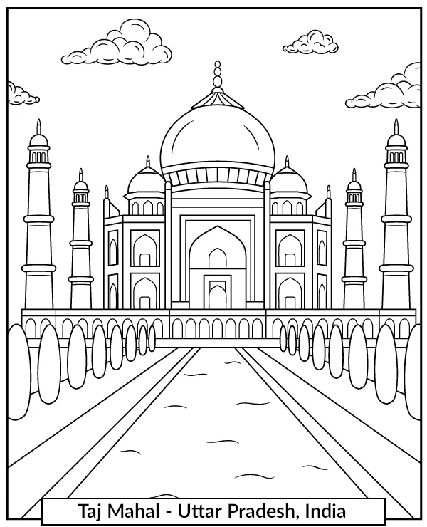 Taj Mahal coloring page marble mausoleum in India