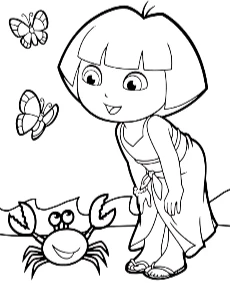 Coloring page featuring Dora and a crab