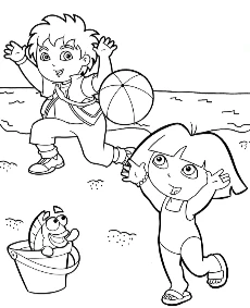 Dora with Diego on the beach coloring page