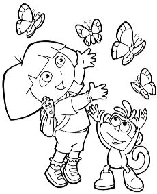 Dora, monkey Boots and butterflies coloring page for kids
