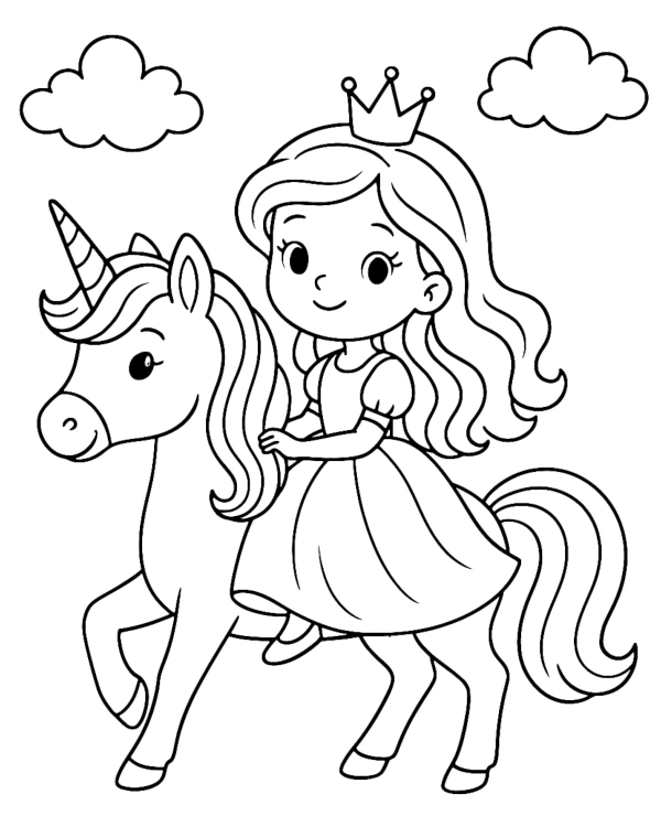 Princess riding a unicorn coloring page for girls