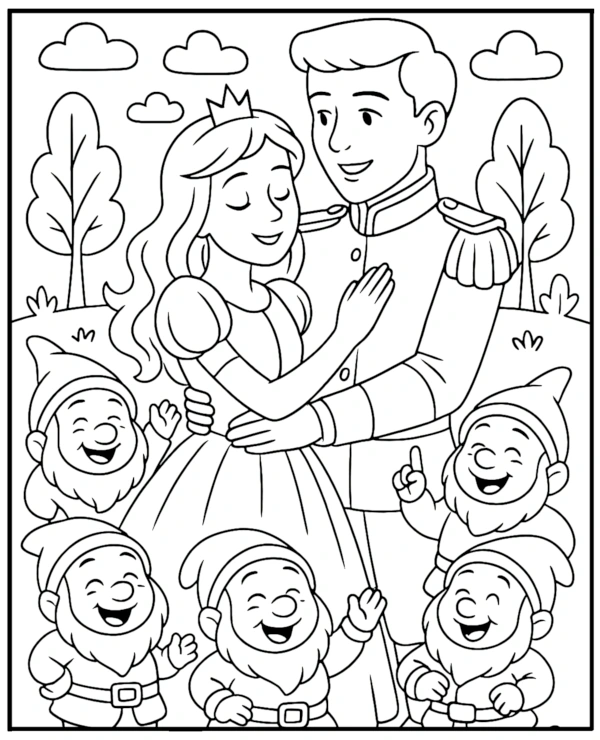 Princess with a prince among dwarfs coloring page