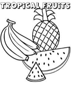 Banana, pineapple and watermelon coloring pages