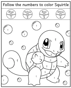 Color by number Squirtle Pokémon coloring page for kids