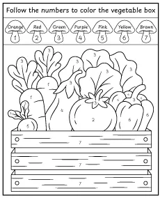 Color by number vegetable coloring page printable
