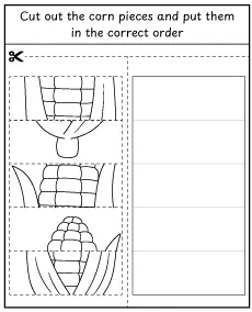 Cut out, assemble and color corn on the cob - vegetable activity for children printables