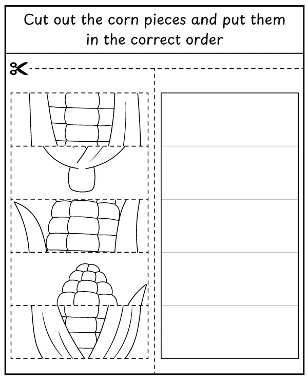 Cut out, assemble and color corn on the cob - vegetable activity for children