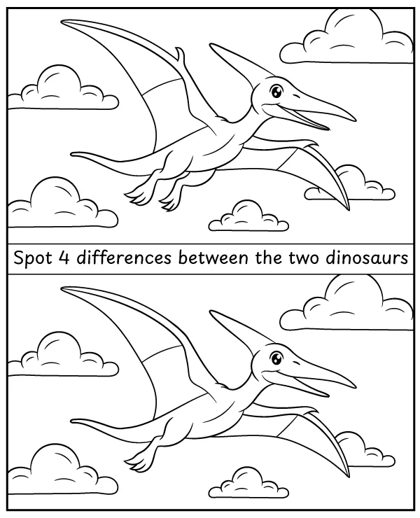 Spot 4 differences between two flying dinosaur coloring pages