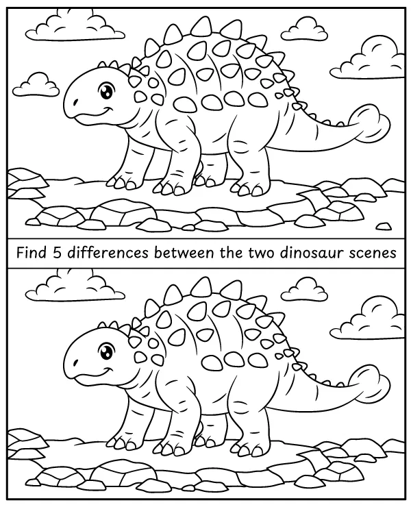 Spot 5 differences - printable dinosaur puzzle for children