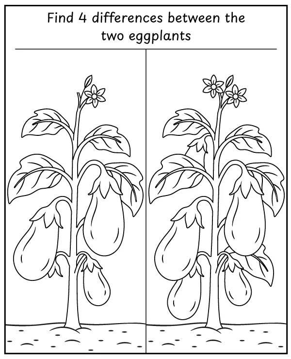 Spot 4 differences between eggplant vegetable pictures