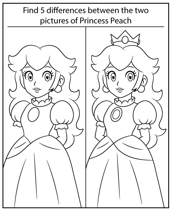 Spot 5 differences - Princess Peach activity for children