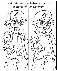 Spot 8 differences - Ash Ketchum activity for children coloring page