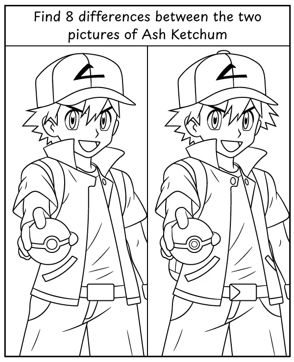 Spot 8 differences - Ash Ketchum activity for children