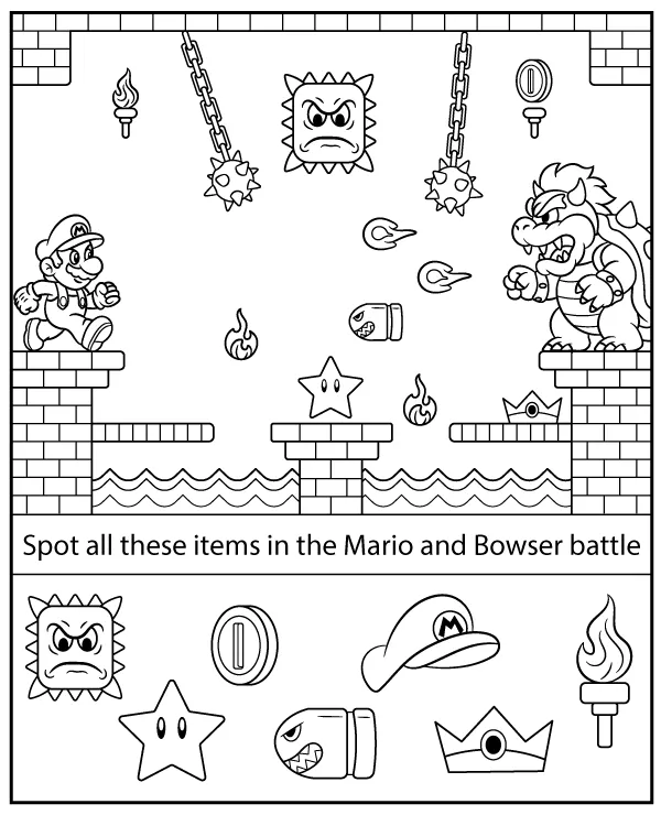 Find all hidden items - Mario and Bowser activity for children