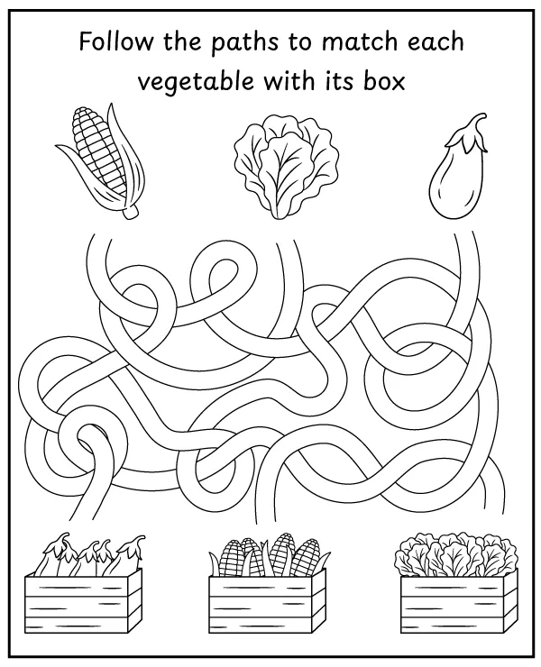 Vegetable maze for children - printable worksheet