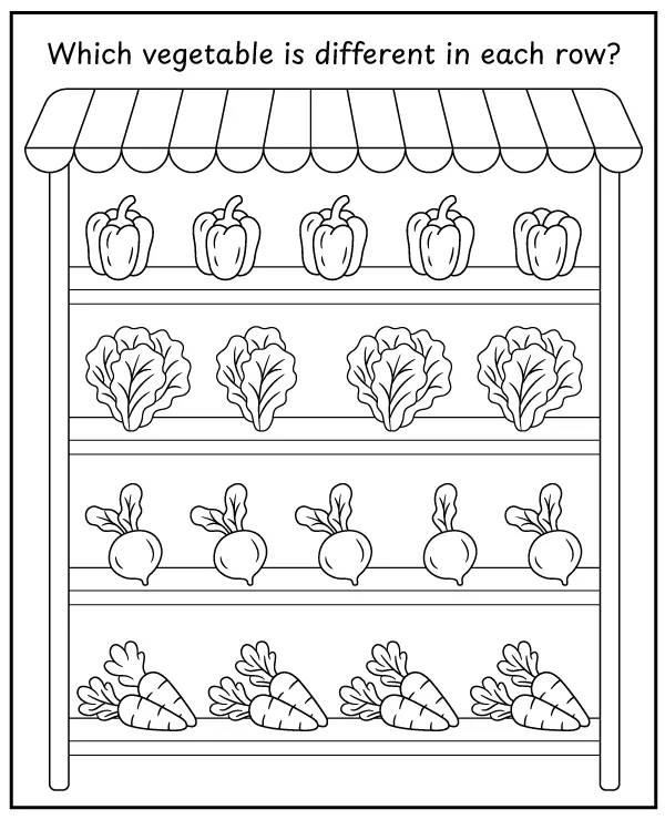 Mark the vegetable that looks different - worksheet for children