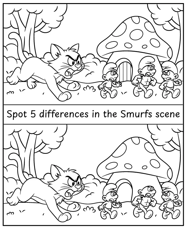 Spot 5 differences between Smurfs coloring pages