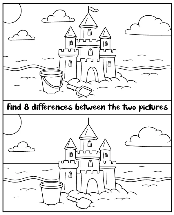 Summer puzzle for kids - find 8 differences between sandcastles