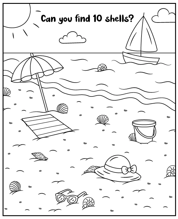 Find shells hidden in the picture - puzzle coloring page