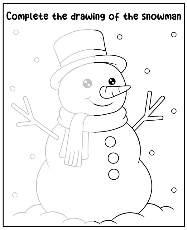 Draw the other side of the snowman and color the winter picture
