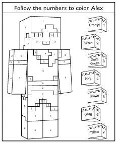 Color by Number Alex Minecraft coloring sheet