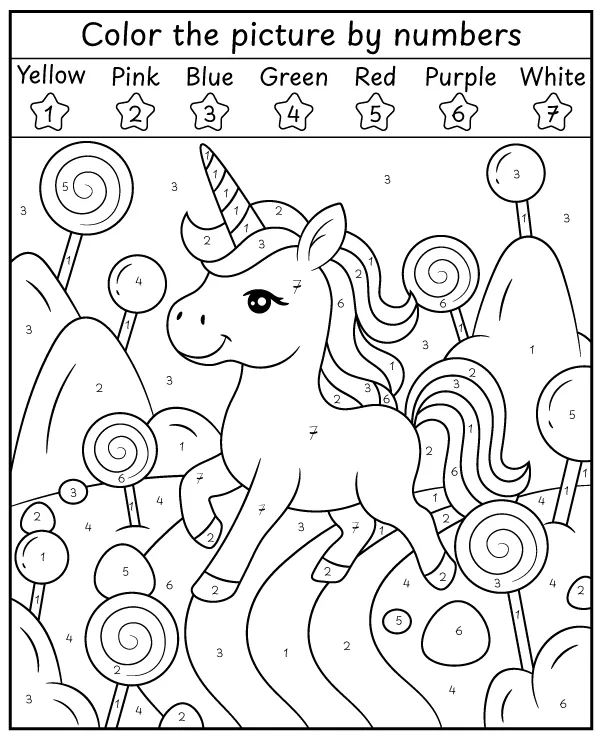 Adorable unicorn color by number coloring page for children