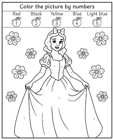Princess color by number coloring page for children printable