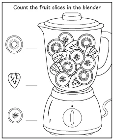 Count fruit pieces in the blender - printable activity for kids