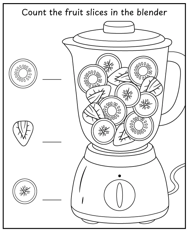 Count fruit pieces in the blender - printable activity coloring page