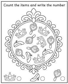 Count the princess items and color the picture - worksheet for children mobile