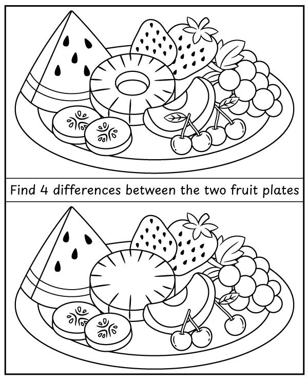 Find 4 differences between fruit plates ativity for children