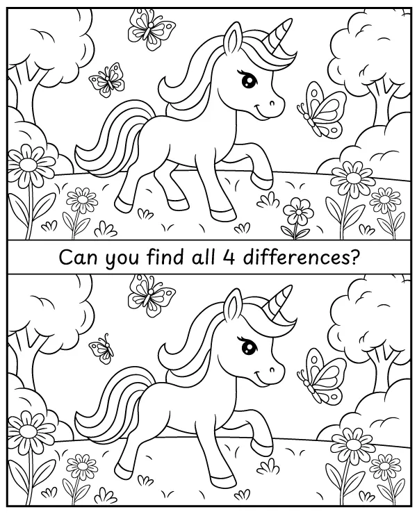 Spot 4 differences unicorn activity for children