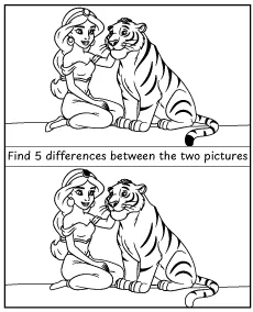 Spot 5 differences - princess Jasmine and a tiger activity for children mobile
