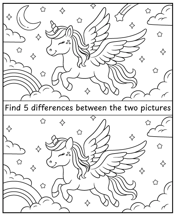 Spot 5 differences between two unicorn pictures