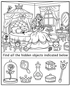 Find hidden items - princess coloring page activity for children mobile